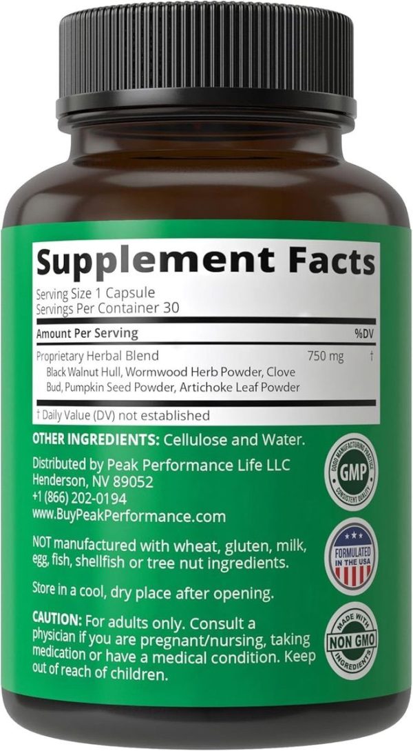 Peak Performance - Wormwood Black Walnut Clove Cleanse for  Humans. Elimination Detox + Intestinal Support Capsules Supplement  for Adults and Kids. Pills with Artichoke and Pumpkin Seed for  Additional Benefits - Image 3