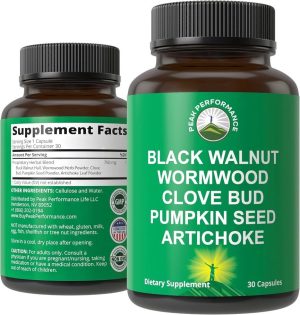 Peak Performance - Wormwood Black Walnut Clove Cleanse for  Humans. Elimination Detox + Intestinal Support Capsules Supplement  for Adults and Kids. Pills with Artichoke and Pumpkin Seed for  Additional Benefits