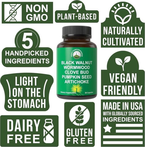 Peak Performance - Wormwood Black Walnut Clove Cleanse for  Humans. Elimination Detox + Intestinal Support Capsules Supplement  for Adults and Kids. Pills with Artichoke and Pumpkin Seed for  Additional Benefits - Image 4
