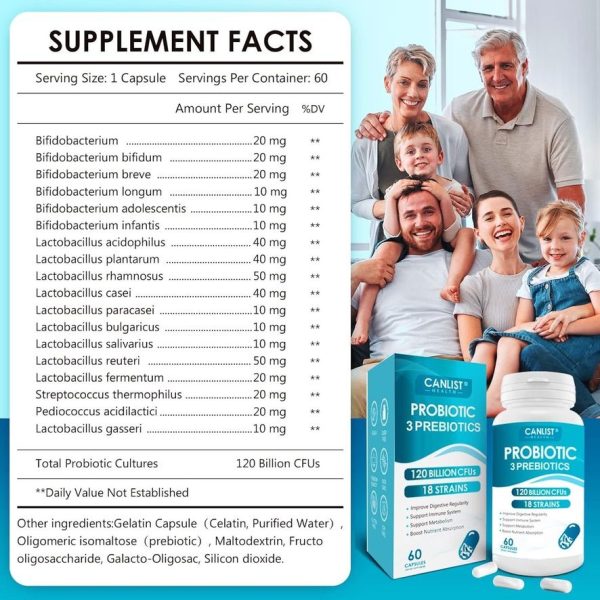 Canlist Health - Probiotics 120 Billion CFUs 18 Strains, 3 Prebiotics & Digestive Enzymes for Men & Women, Digestive & Immune Support, Shelf Stable Non-GMO 60 Capsules - Image 2